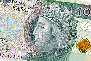 Polish currency money bill one hundred zloty. Macro crop portrait of King of Poland Wladyslaw II Jagiello