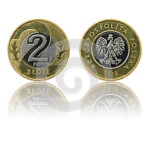 Polish currency 2zl coin isolated on white background with reflection