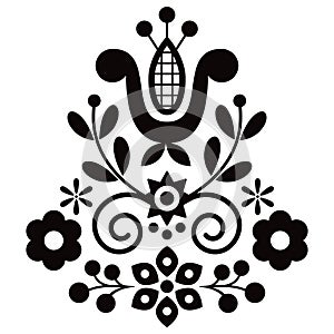 Polish cute folk art vector design wtih flowers and leaves - greeting card or wedding invitation ornament in black and white