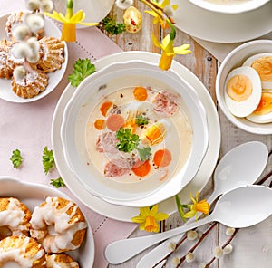 Polish Easter soup, white borscht with the addition of white sausage and a hard boiled egg. Traditional Easter dish in Poland