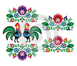 Polish ethnic floral embroidery with roosters - traditional folk pattern