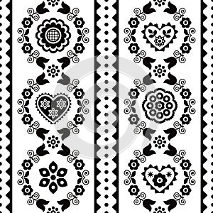 Polish ethnic vector seamless embroidery pattern, folk art embroidery Lachy Sadeckie - textile or fabric print in black and white