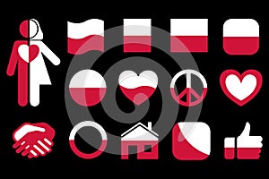 Polish flag icons vector set. Flag of Poland on black background. Flag and peace icon, square, circle and heart shape icons or