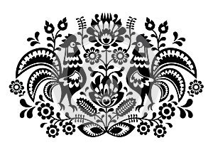 Polish floral embroidery with roosters - traditional folk pattern