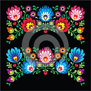 Polish floral folk embroidery patterns for card on black - Wzory Lowickie