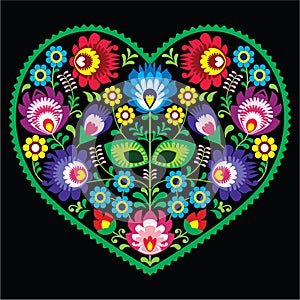 Polish folk art art heart with flowers - Wycinanki on black