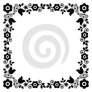 Polish folk art inspired square frame vector design, perfect for floral greeting card or wedding invitation in black and white