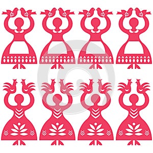 Polish folk art seamless vector pattern Wycinanki Kolbielskie - Kolbiel Papercuts with women holding birds