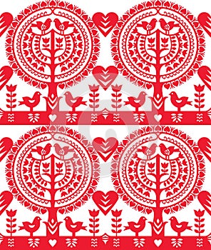 Polish folk art seamless vectorpattern Wycinanki Kurpiowskie - Kurpie Papercuts with birds, hearts tree and flowers