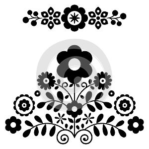 Polish folk art vector design elements in black and white inspired by floral embroidery Lachy Sadeckie from Nowy Sacz in Poland