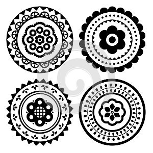 Polish folk art vector mandala design set with flowers, round traditional patterns  - perfect for greeting card or wedding invitat