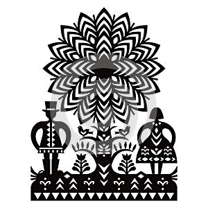 Polish folk art vector pattern with man in hat, woman and birds Kurpiowskie Leluje Wycinanki - Kurpie design in black