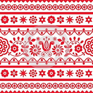 Polish folk art vector seamless embroidery retro pattern with flowers inspired by embroidery designs Lachy Sadeckie - textile