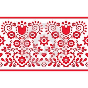 Polish folk art vector seamless long vertical pattern with red tulips, other flowers, hearts and leaves - Lachy Sadeckie