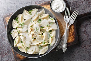 Polish Little Ears Dumplings Uszka filled with mushrooms and cabbage closeup on the plate. Horizontal top view