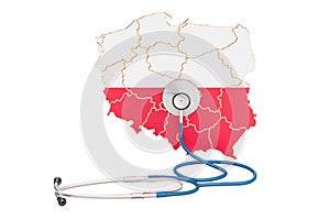 Polish map with stethoscope, national health care concept, 3D re