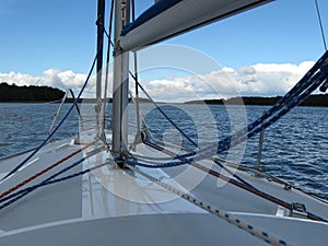 Polish Mazury lakes landscape in summer from boat deck