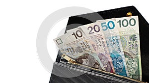 Polish money in a black wallet, holding money in a wallet, 100 polish note,