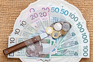 Polish money on kitchen table, coast of living