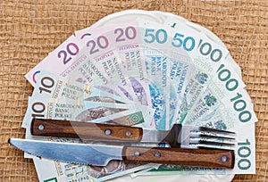 Polish money on kitchen table, coast of living