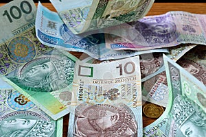 Polish money on the table - PLN, zloty.