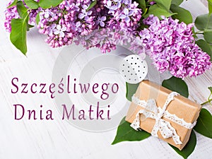 Polish Mothers Day card with Lilac flowers, gift box