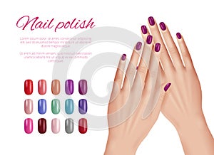 Polish nail colors. Woman hands nails models demonstration cosmetic palette beautiful set vector realistic