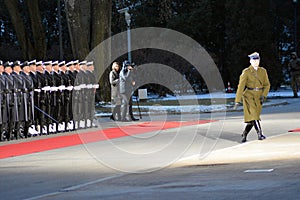 Polish Prime Minister Mateusz Morawiecki welcomes German Chancellor Angela Merkel before their meeting in Warsaw