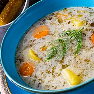 Polish sour cucumber soup or salt cucumber soup