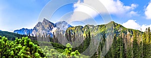 Polish Tatra mountains summer landscape with blue sky and white clouds.