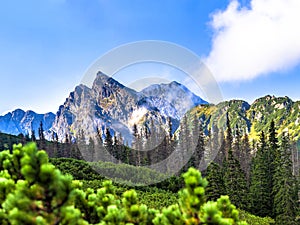 Polish Tatra mountains summer landscape with blue sky and white clouds.