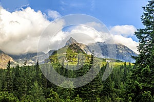 Polish Tatra mountains summer landscape with blue sky and white clouds.