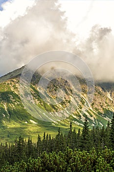 Polish Tatra mountains summer landscape with blue sky and white clouds.