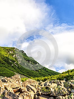 Polish Tatra mountains summer landscape with blue sky and white clouds.