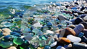 Polish Textured Sea Glasses and Stones on the Seashore Green, Blue Shiny Glass Sea Pebbles Close-Up AI Generative