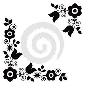 Polish traditional folk art vector corner black and white design set with flowers perfect for greeting card or wedding invitation