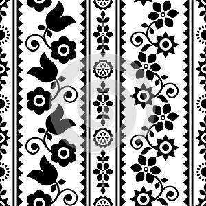 Polish traditional folk art vector seamless textile or fabric print pattern in black and white, floral embroidery Lachy Sadeckie