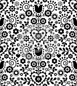 Polish traditional vector seamless pattern with flowers and hearts inspired by folk art embroidery Lachy Sadeckie - black and whit