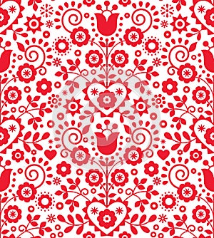 Polish traditional vector seamless pattern with flowers and hearts inspired by folk art embroidery Lachy Sadeckie - textile or fab