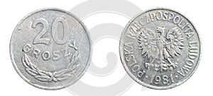 Polish twenty groszy coin on a white isolated background