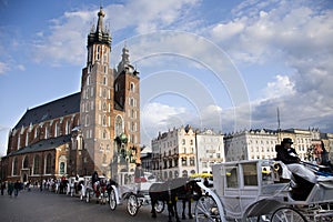 Polish wait and ride horse drawn carriages for Pole people and foreigner travelers use service tour Krakow Old Town in Main Market