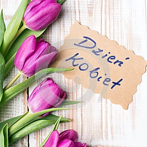 Polish Women's Day card and a bouquet of beautiful tulips