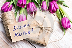 Polish Women`s Day card and a bouquet of beautiful tulips