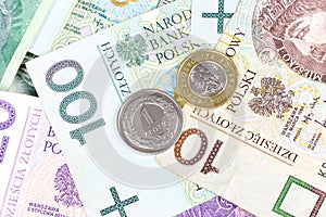 Polish zloty banknotes and coins closeup