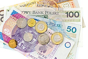 Polish zloty banknotes, money, currency of Poland isolated on white.