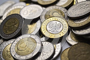 Polish zloty coins. Macro photo. Polski zloty