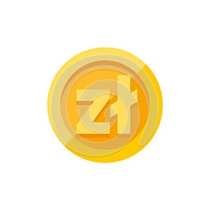 Polish zloty currency symbol on gold coin flat style