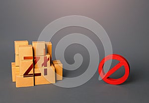 Polish zloty goods boxes and prohibition symbol NO. Trade wars. Ban on import goods. Impossibility of transportation, oversupply.