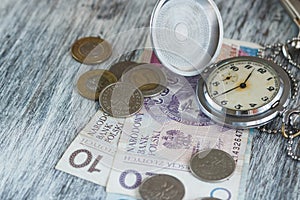 Polish zloty with little wallets and pocket clock