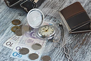 Polish zloty with little wallets and pocket clock